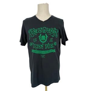 Robert Graham Short Sleeve V-Neck Graphic T-Shirt Irish Pub NYC Navy Green M